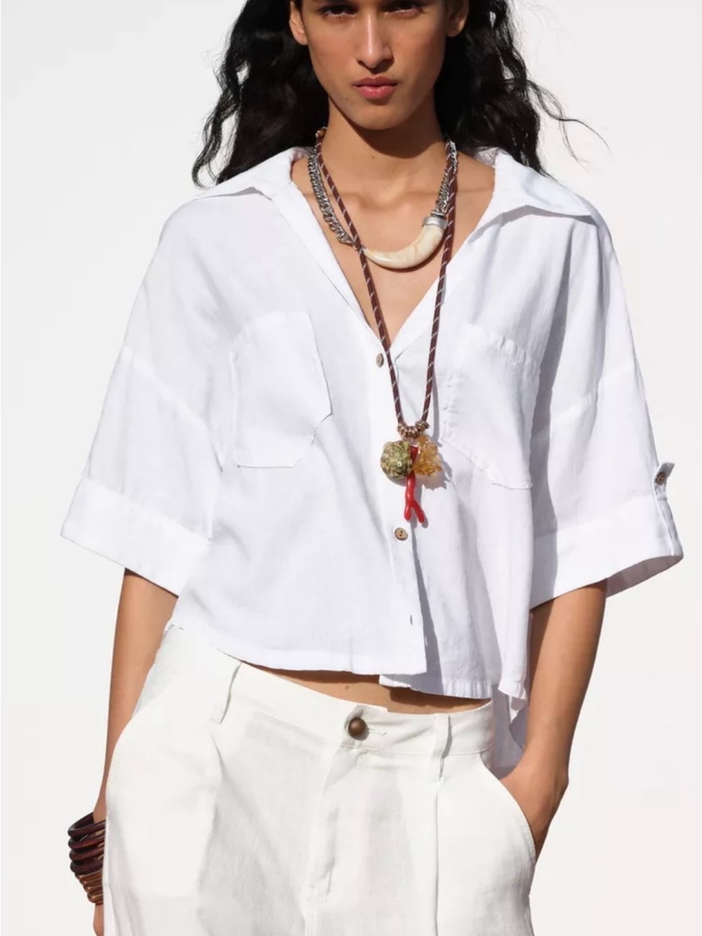 Zara White Short-Sleeve Linen Blend Button-Front Cropped Shirt Euro Summer